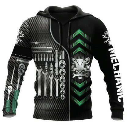 Herren Kapuzenpullover Mechanic Maschinenmotiv Hoodie Schwarz Grau