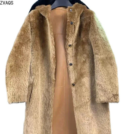 Langer Mantel mit Kapuze und Felloptik in Khaki für Damen