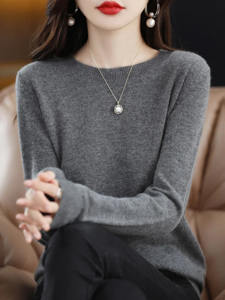 Damen Pullover Rundhals Langarm Strickpullover Einfarbig