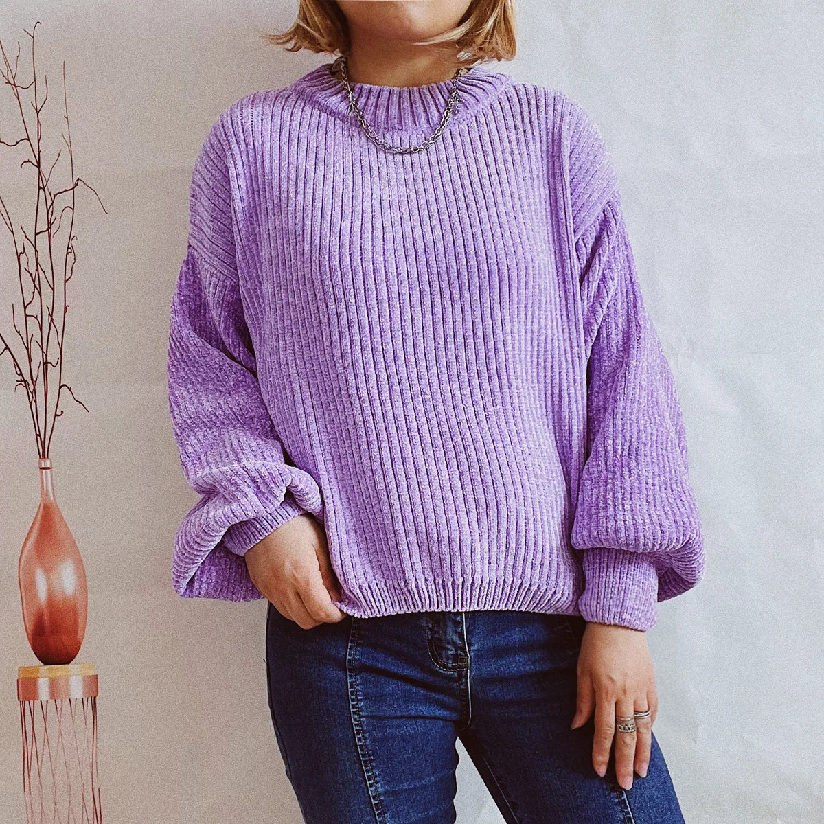 Gerippter Pullover Damen Weicher Rundhals Strickpullover Lange Ärmel
