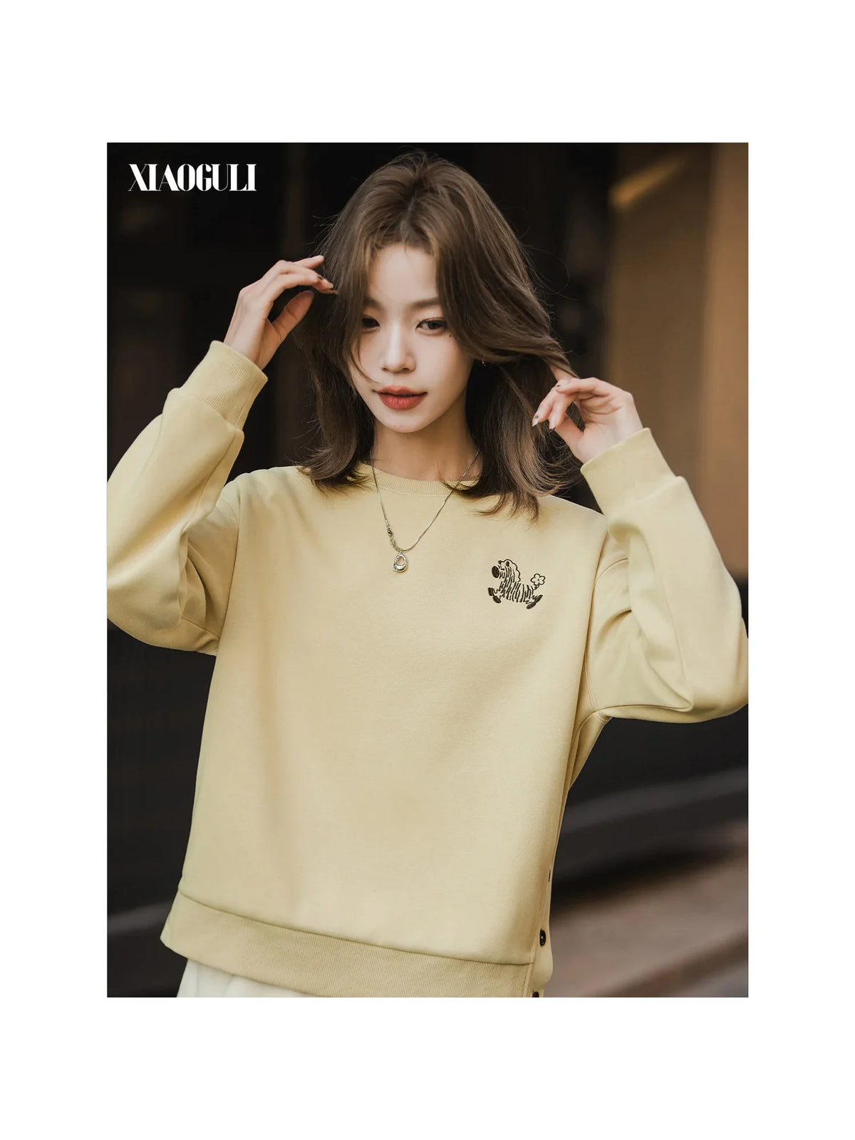 Sweat-shirt pour femme à col rond, broderie zèbre et boutons latéraux