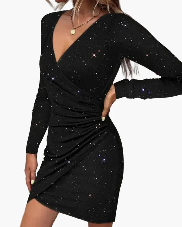 Damen Elegantes Bodycon Cocktailkleid mit Wickeloptik und Langarm – Perfekt für Abend- und Party-Outfits