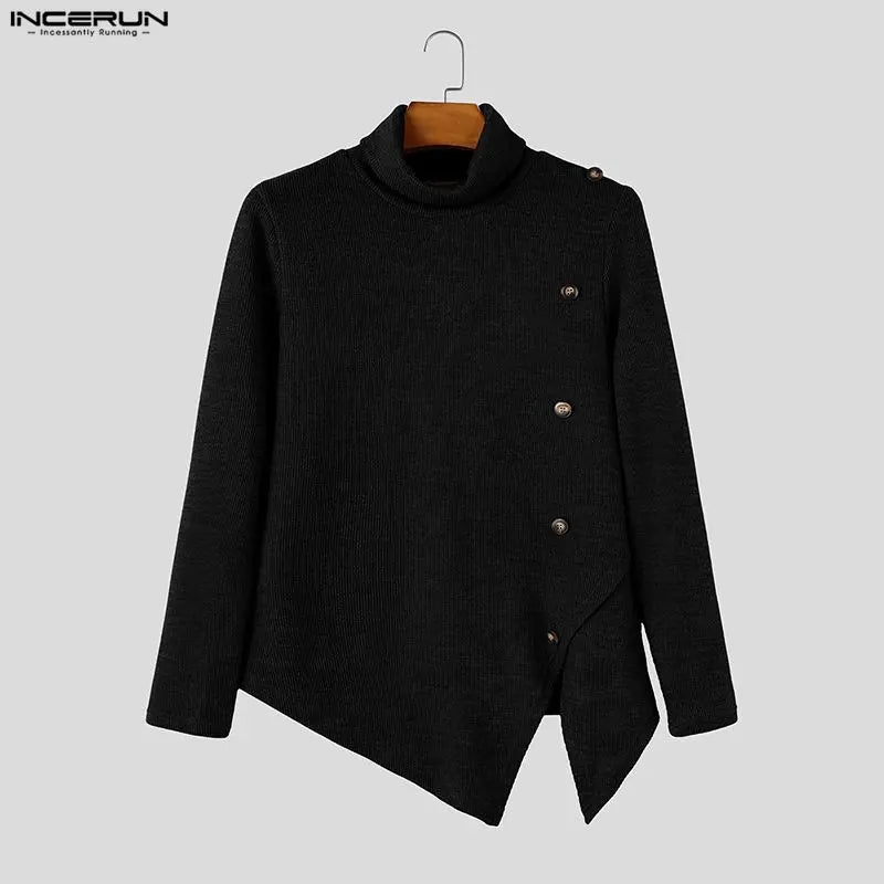 Herren Rollkragenpullover Asymmetrischer Strickpullover mit Knöpfen