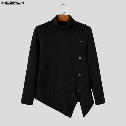 Herren Rollkragenpullover Asymmetrischer Strickpullover mit Knöpfen