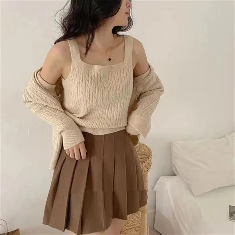Damen Strick Cardigan & Top Set Zopfmuster Rundhals
