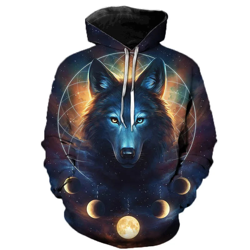 Hoodie mit Wolf Motiv 3D-Druck, Kapuzenpullover mit Kordelzug, Langarm