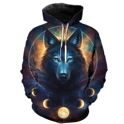 Hoodie mit Wolf Motiv 3D-Druck, Kapuzenpullover mit Kordelzug, Langarm