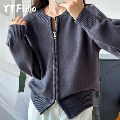 Gilet en maille pour femme avec fermeture éclair, col rond et manches longues
