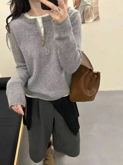 Damen Strickpullover mit Reißverschluss Rundhals