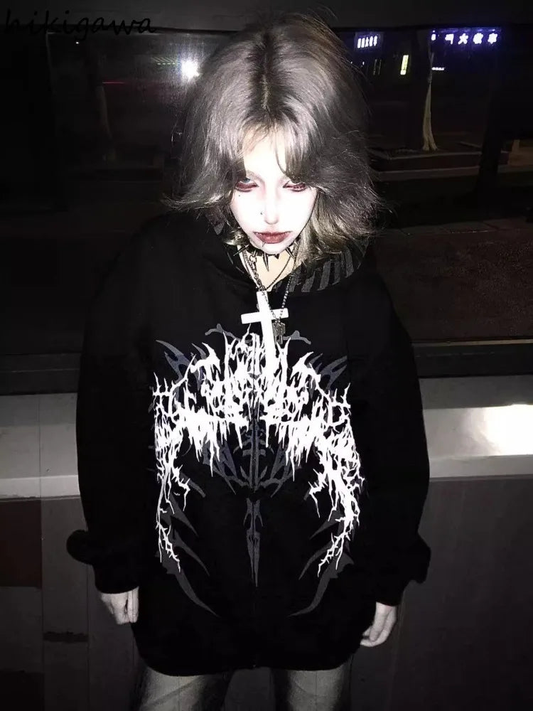 Giacca con cappuccio unisex con cerniera, oversize, stampa gotica