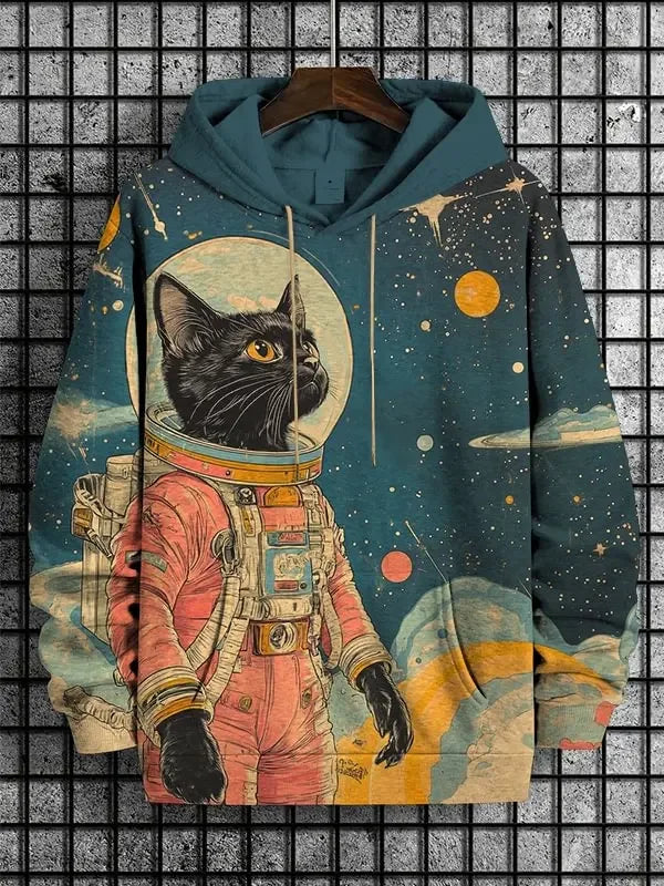 Unisex Kapuzenpullover mit Katzen-Motiv Print Kängurutasche