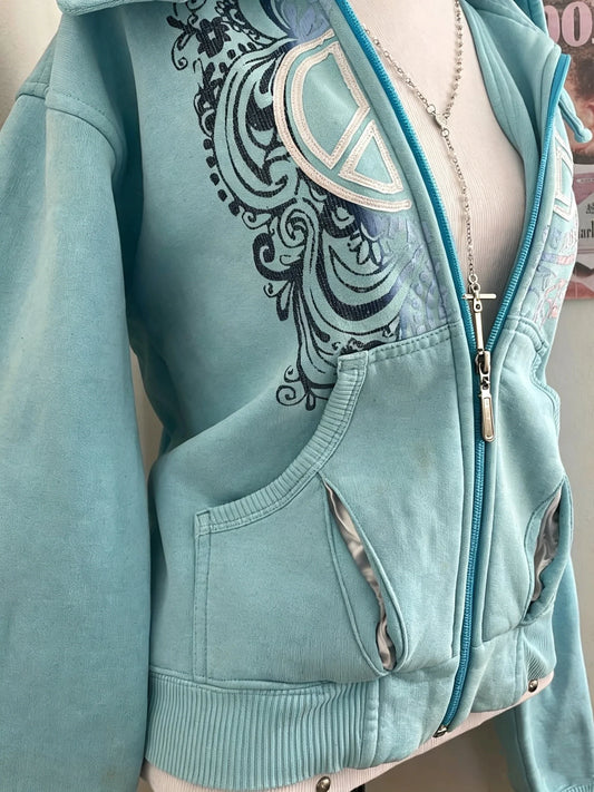 Sweat à capuche unisexe avec fermeture éclair et motif graphique, turquoise