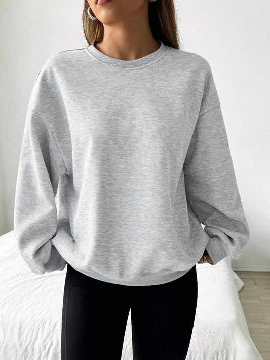 Oversized sweatshirt med rund hals og lange ermer for kvinner, genser i grått