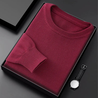 Pullover da uomo con scollo rotondo, in maglia, tinta unita, a maniche lunghe