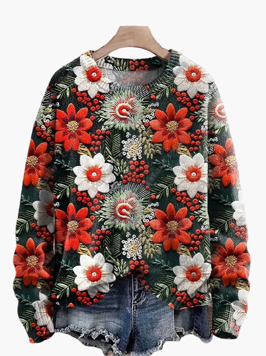 Dame Juletrøje med broderi – Sjovt festligt design, vinter og højtider