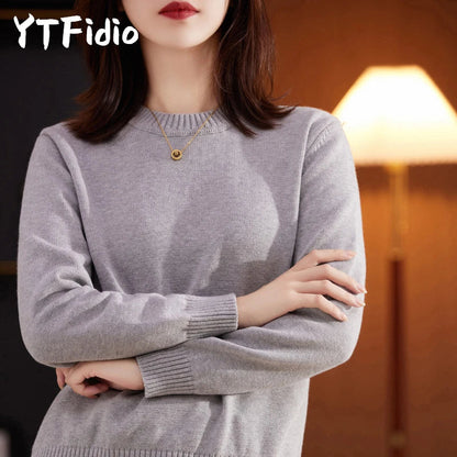 Damen Pullover Rundhals Langarm Strickpullover Rippbündchen Unifarben