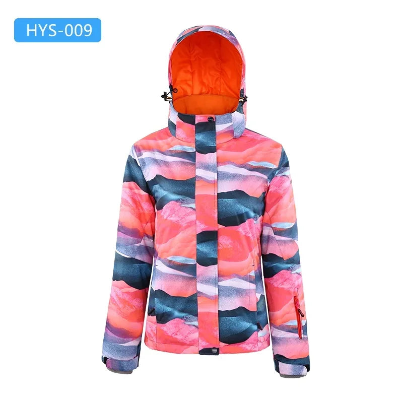 Chaqueta de esquí y snowboard para mujer, estampada y con capucha