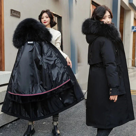 Parka d’hiver long pour femme avec col en fausse fourrure amovible et capuche