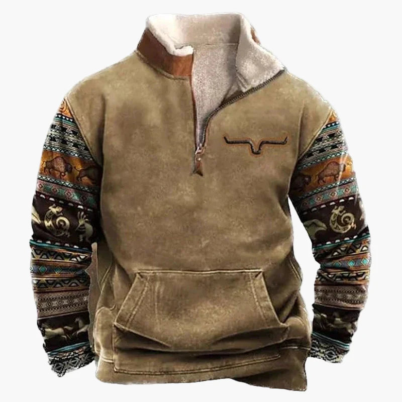 Herren Pullover im Western Ethno-Stil mit Viertelreißverschluss – Perfekt für Freizeit und Outdoor
