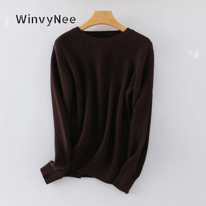 Unisex Langarm Pullover Rundhalsausschnitt Waffelstruktur Strickpullover