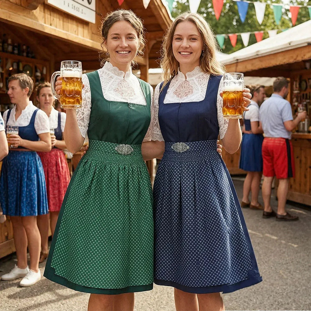 Damski zestaw tradycyjnego stroju dirndl z bluzką i fartuchem – zielony lub niebieski