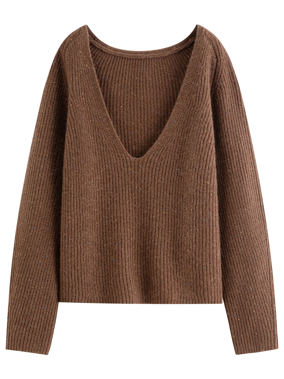 Damen Strickpullover mit tiefem V-Ausschnitt, gerippt, Langarm, meliert