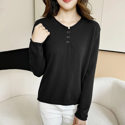 Damen Langarmshirt mit Knopfleiste, V-Ausschnitt, Feinstrick