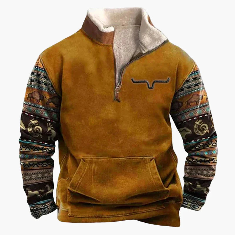 Herren Pullover im Western Ethno-Stil mit Viertelreißverschluss – Perfekt für Freizeit und Outdoor