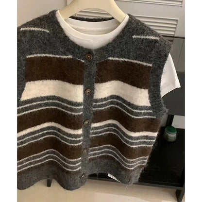 Gestreifte Strickweste Dunkelgrau Braun Weiß ärmellos Rundhals