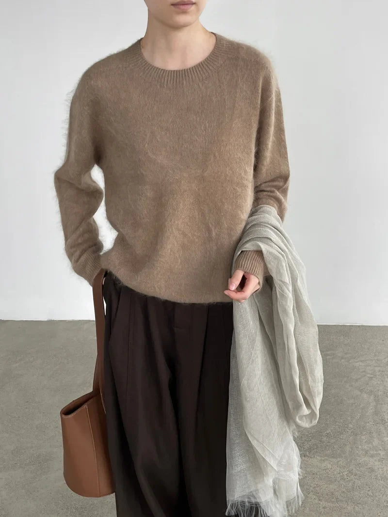 [LANMREM] Dames Fleece Gevoerde Ronde Hals Wollen Gebreide Trui Zachte Pluizige Slim Fit Sfeervolle Pullover Voor Herfst Winter 26E04076