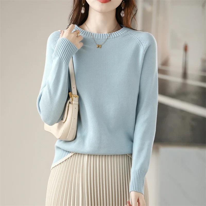 Damen Rundhals Strickpullover Langarm Feinstrick Hellblau
