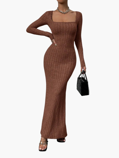Damen Strick Maxikleid mit langen Ärmeln und eckigem Ausschnitt – Elegantes Freizeitkleid für Herbst und Winter