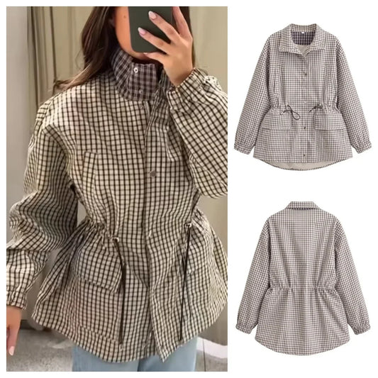 Damen Jacke mit Karomuster, Kordelzug und Kragen