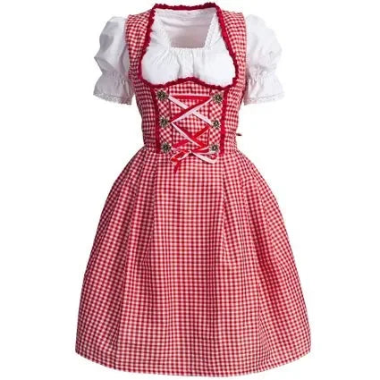 Czerwona damska sukienka ludowa dirndl w kratę z fartuchem i bluzką