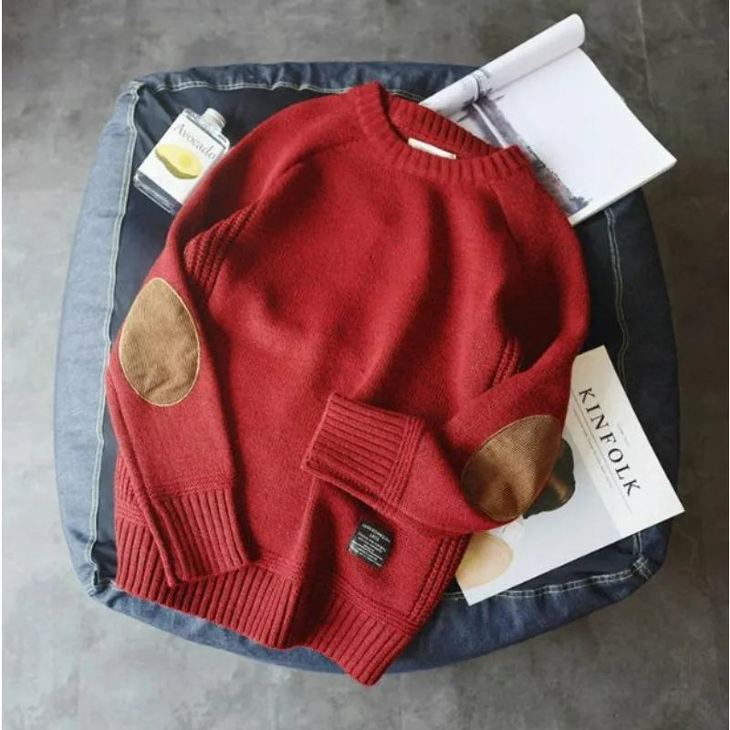 Herren Rundhals Pullover Strickpullover mit Ellenbogen-Patches