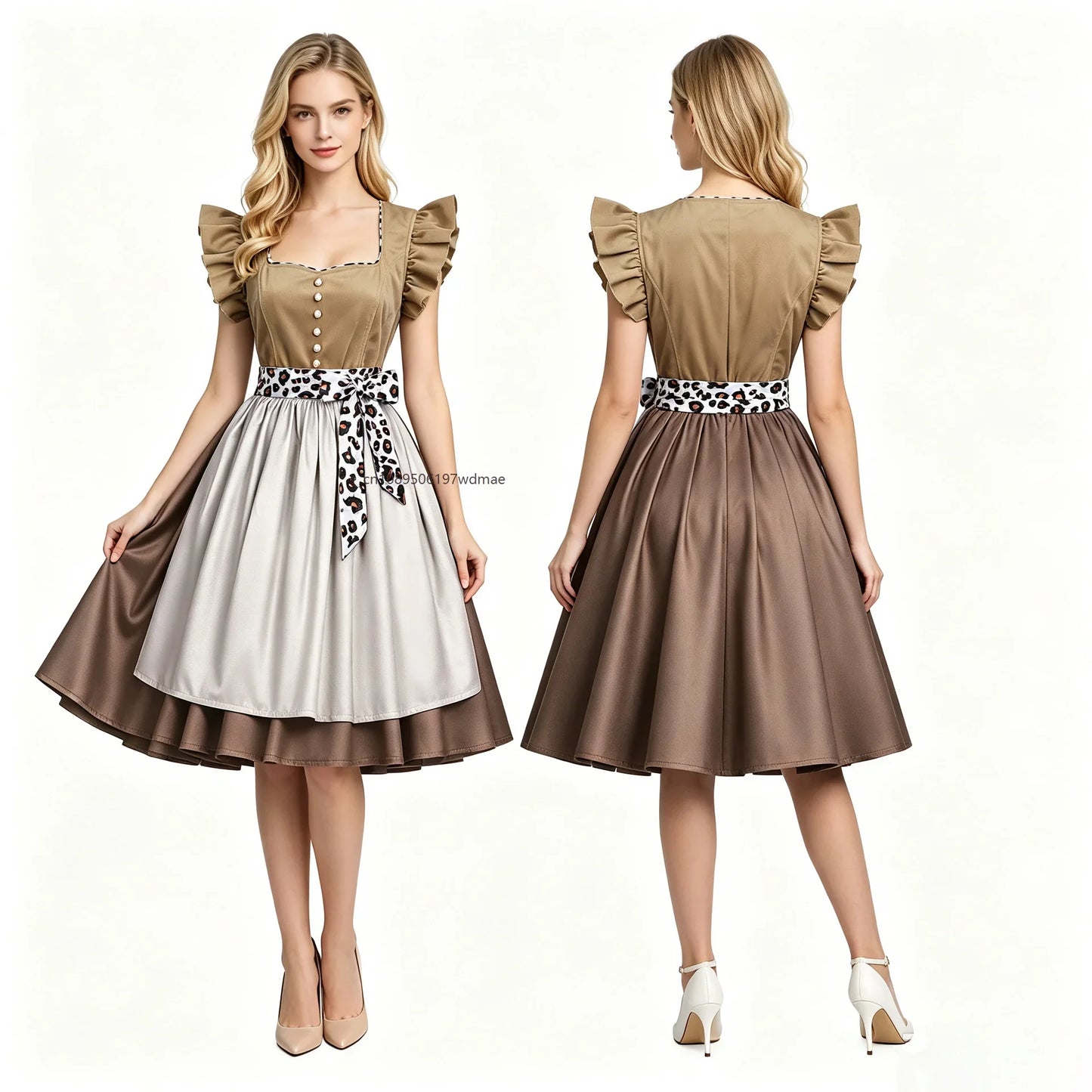 Dirndl Kleid Beige Braun mit Schürze Trachtenkleid Damen