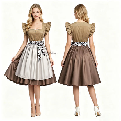 Dirndl Kleid Beige Braun mit Schürze Trachtenkleid Damen