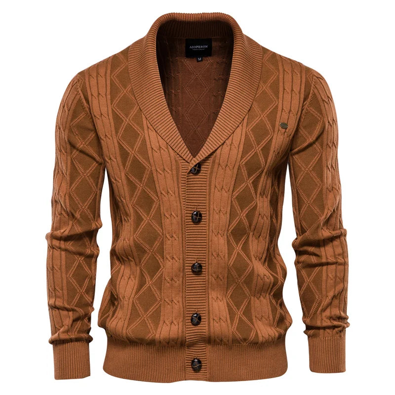 Cardigan da uomo in maglia con collo a scialle e motivo a rombi, abbottonatura e maniche lunghe