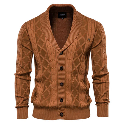 Cardigan da uomo in maglia con collo a scialle e motivo a rombi, abbottonatura e maniche lunghe