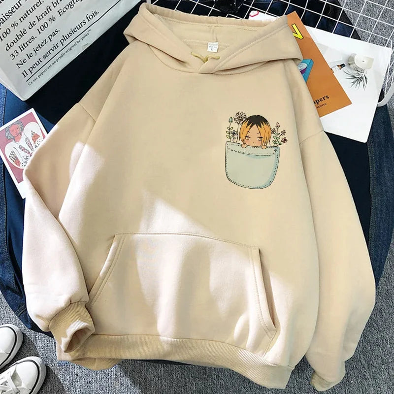 Felpa unisex con cappuccio e stampa anime - beige chiaro "Karasuno Volleyball Club"