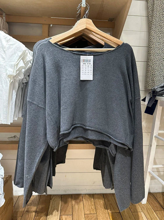 Damen Cropped Pullover Weit Geschnitten Langarm U-Boot-Ausschnitt