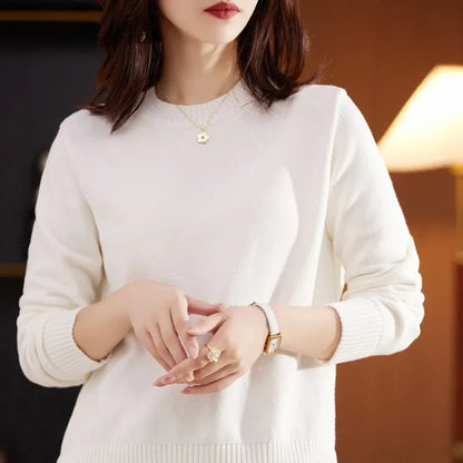 Damen Pullover Rundhals Langarm Strickpullover Rippbündchen Unifarben