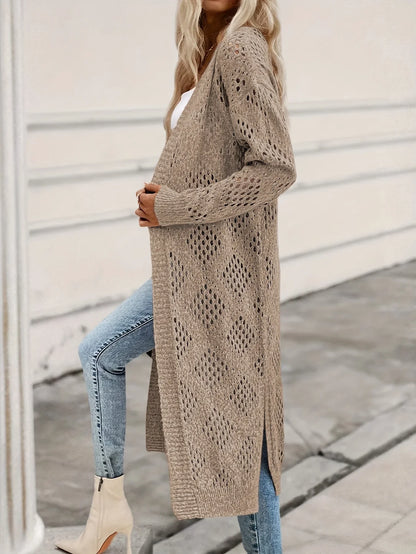 Cardigan lungo in maglia da donna con motivo traforato, beige