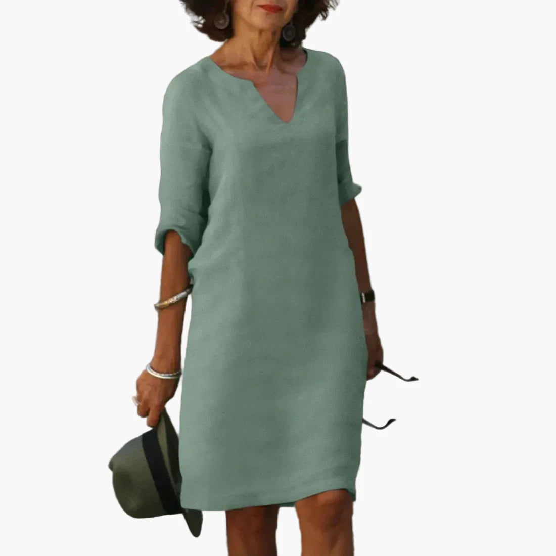 Abito da donna con scollo a V e maniche 3/4 – Abito casual e quotidiano senza tempo, elegante