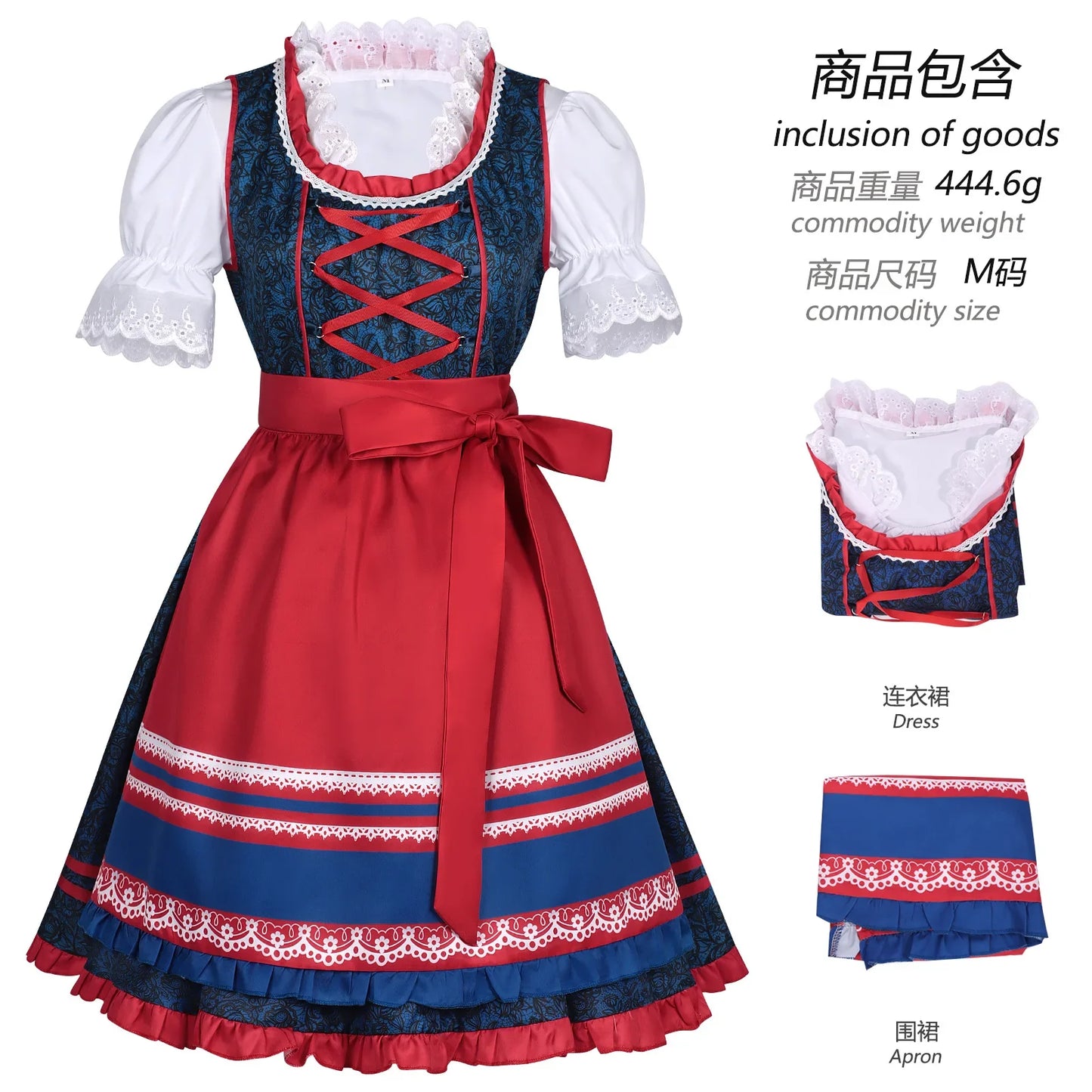 Dirndl Kleid Blau Rot mit Schürze Bluse und Mieder Schnürung