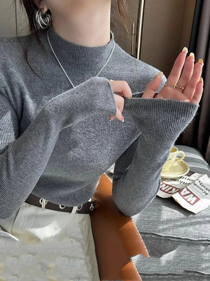 Damen Rollkragenpullover mit Daumenloch Rippstrick Enganliegend