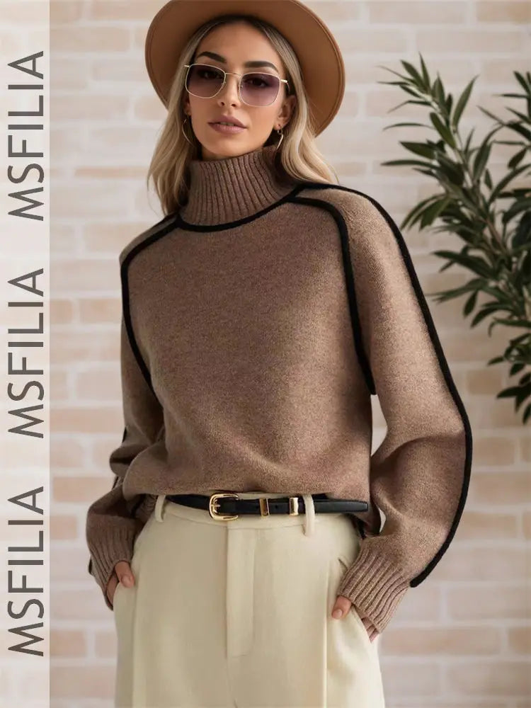 Damen Rollkragenpullover Strickpullover mit Kontraststreifen Langarm
