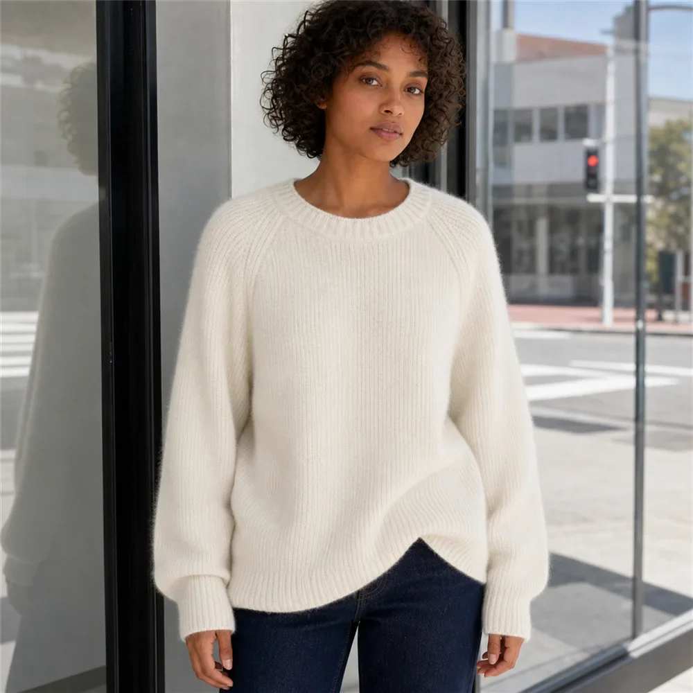 Maglione da donna a girocollo, maniche lunghe, in maglia a coste, giallo