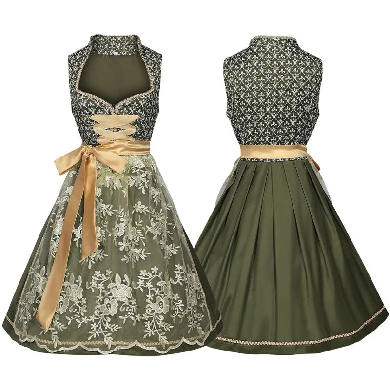 Damesdirndl in groen met kant en gouden schort