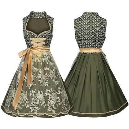 Damesdirndl in groen met kant en gouden schort